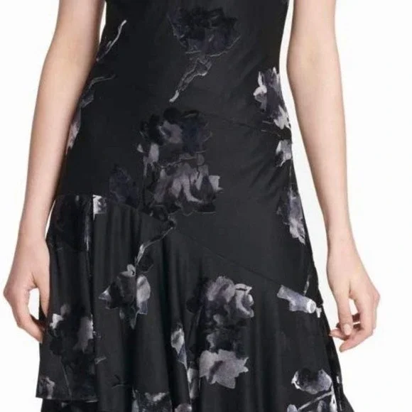DKNY Black Asymmetrical Floral Print Party‎ Dress - Picture 4 of 6